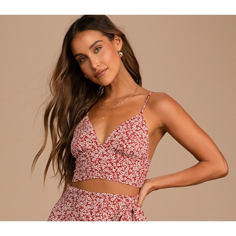Lulu's Women's Summer Romance Rust‎ Brown Floral Print Cropped Top XL